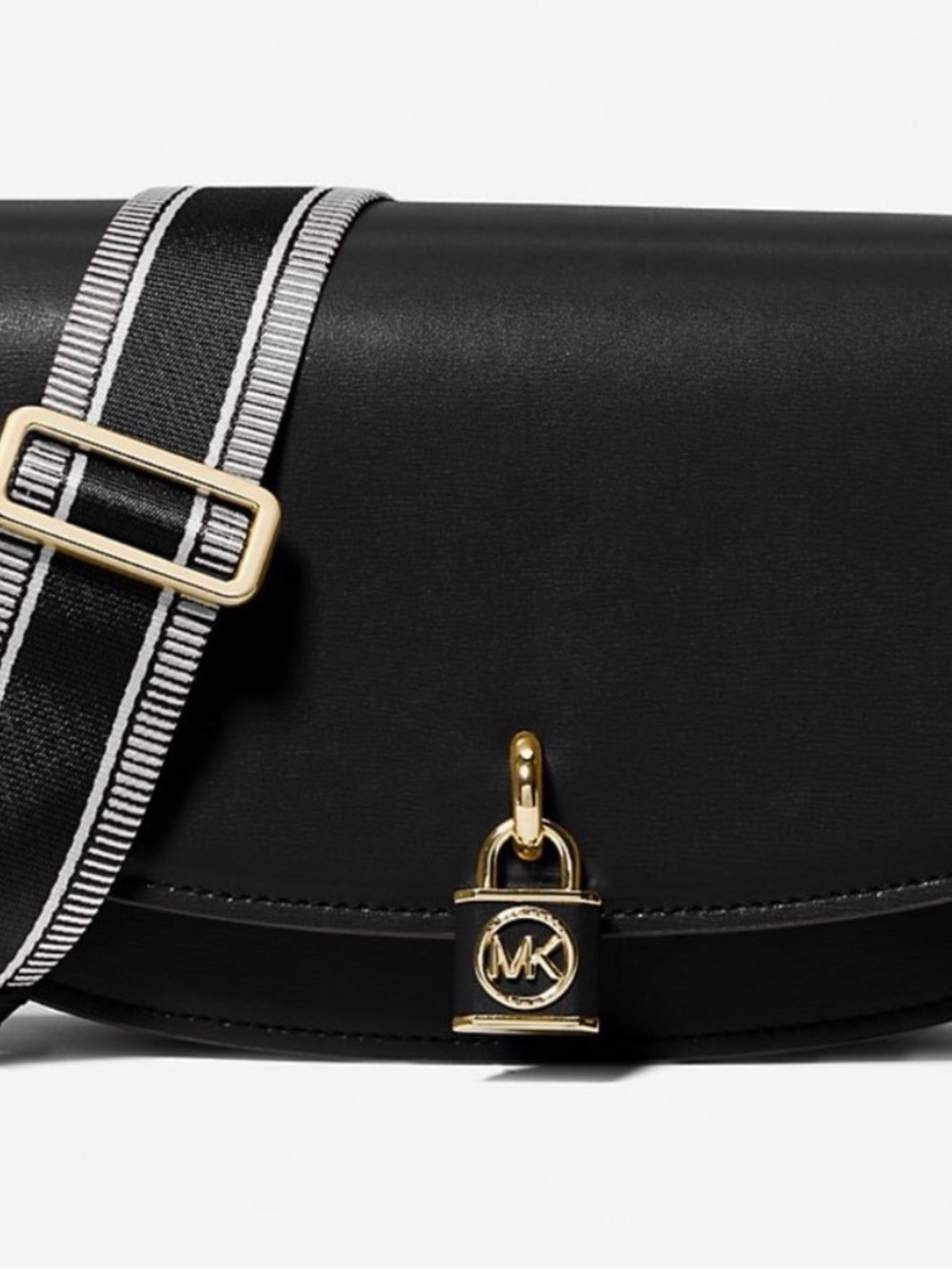 Michael Kors Black Leather Crossbody with Gold Padlock and Striped Strap